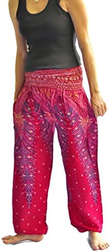 Ahh pants Women's Yoga Clothing Comfy Boho/Harem Pants Peacock Print Rayon One Size Red