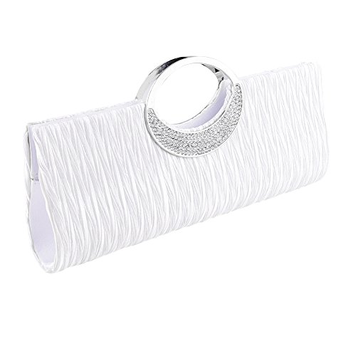 Jubileens Luxury Rhinestone Satin Pleated Evening Wedding Party Clutch Purse Wallet Handbag (White)