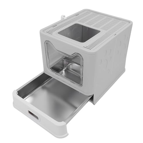 Arenero para Gato de Acero Inoxidable con Cajón Apto, Arenero para Gato Cerrada, con Pala para de Gatos, 51 * 41 * 38cm, para Gatos Grandes (Gris)