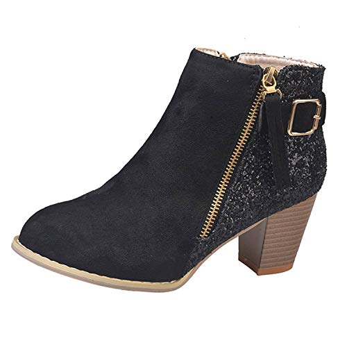 Londony ♥‿♥ Womens Suede Ankle Boots Faux Leather Wood Stacked Heel Glitter Fashion Zipper Up Booties - Thumbnail 7