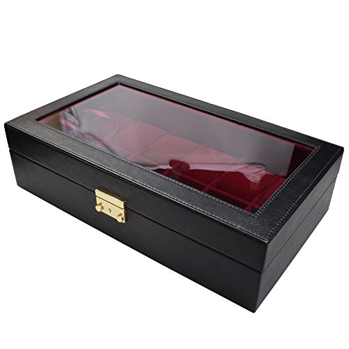 Ikee Design Black Leatherette Red Velvet 12 WatchCase Box Display & Jewelry Organizer w Glass Top