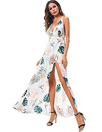 dgmyg para mujer Sexy cuello en V profundo estampado Floral correa sin espalda Split Maxi vestido de playa