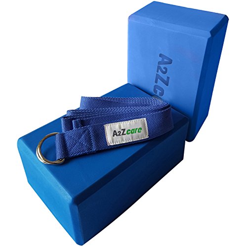 A2ZCARE Yoga Blocks (Set of 2) and Yoga Strap Set with D-Ring – Yoga Foam Block 9x6x4 inch and Yoga Stretching Strap (Blue)