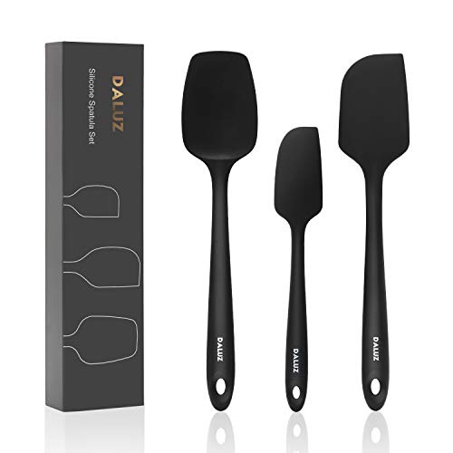 DALUZ Silicone Spatula Set 3 Piece-Mini, Large Rubber Scraper& Spoonula 600F Heat Resistant With Stainless Steel Filler For Cooking Baking And Mixing (Black)