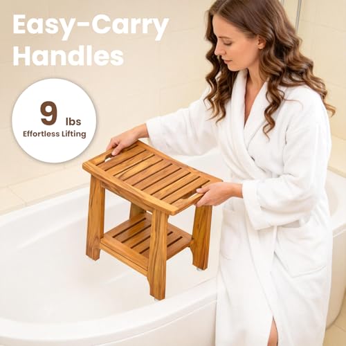 18" Standard Teak Shower Bench with Shelf & Handle - Waterproof, Non-Slip Bath Stool, 300 lbs Capacity - Fits Standard Tubs/Showers & Outdoor Use (Patented)