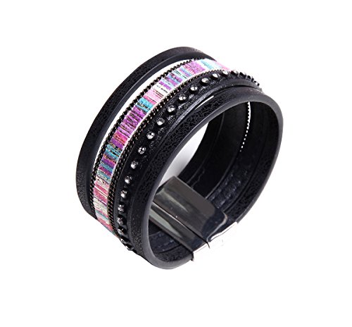 GS.Lee Fashion Leather Crystal Bracelet with Magnetic-Clasp Comfortable Wrap Bracelet, Rainbow