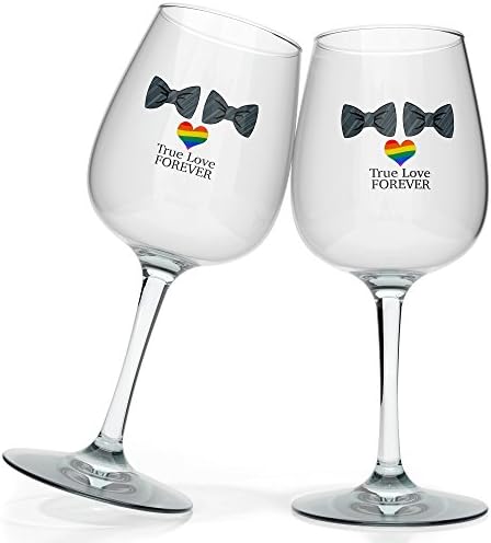 Drinking Divas - True Love FOREVER - Set of Two His &amp; His Gay Pride LGBT Wine Glasses with Bow Ties for Weddings Parties Couple Mr. &amp; Mr. Gifts Lovers and Drinking Events - 13 oz glass
