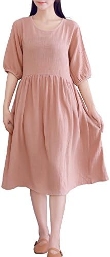 LifeShow Women's Casual Loose Half Sleeves Summer Midi Tunic Linen Cotton Dresses