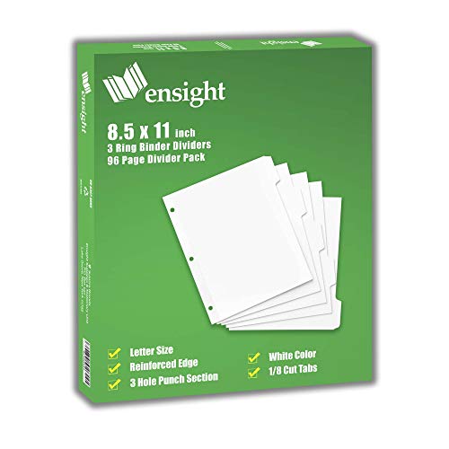 Ensight 3 Ring Binder 8 Tab Index Dividers, 96 Per Box, with Reinforced Edges Write on Plain Tabs, White Letter Size with 3 Hole Punch Section and Write on Plain Tabs,1/8 Tab Page Separator - Thumbnail 7