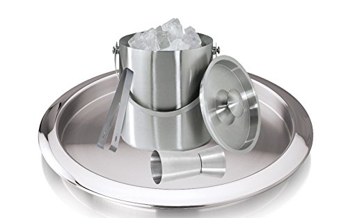 King International 100% Stainless Steel Plain Bar Set of 4 Pieces | Bar Tools | Bar Accessories Set of 4 Pieces | Ice Bucket | Tong | Peg Measure and Bar Tray - Ideal for Party Get together and Gifting