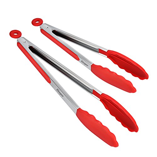 Zhuper Kitchen Tongs, Set Of 2-9,12 Inch, Durable, Non-Slip Grip, Heat Resistant Cooking Tongs With Silicone Tips And Silicone Locking Head. (Pack Of 2) (RED)