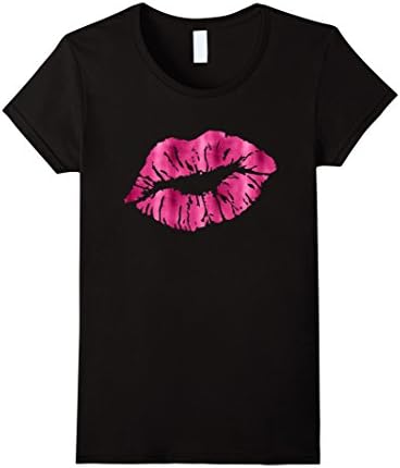 Womens Hot Pink Lipstick Kiss T-Shirt Lipstick Day Makeup Tee Shirt Small Black