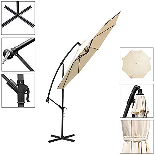 Ediors 10ft Deluxe Solar Power Outdoor Patio Umbrella - Offset Cantilever Sun Umbrella, Hanging Shade Umbrella w/32 LED Lights | Crank Lift System | Cross Base (10ft with 32 LED, White)