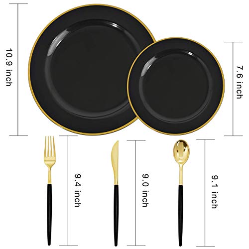 WELLIFE 120 PCS Black Plastic Plates with Gold Rim, Gold Disposable