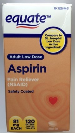 Adult Low Dose Aspirin, Safety Coated, 81mg, 120ct, By Equate, Compare to St. Joseph Low Dose