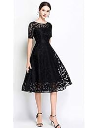 Chartou - Vestido de fiesta para mujer, cuello redondo, manga corta, corte ajustado, línea A, encaje acampanado