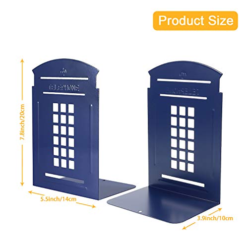 Bookends, Telephone Booth Metal Book Ends Non Skid Heavy Duty for Shelves, Books, DVD, Video 7.8 x 5.5 x 3.9 inch Blue (2 Pair/ 4 Pieces)