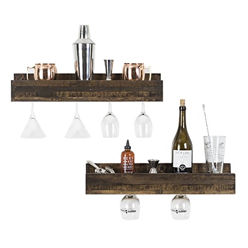 Del Hutson Designs Rustic Real Wood Wall Mounted Wine Bottle Rack Stemware Hanger Set Farmhouse Kitchen Dining (Dark Walnut)