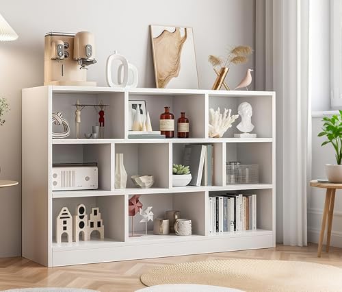 Librero de 10 Compartimentos, 3 Repisas Librero Organizador, Librería Vertical de Pie, Librería Cubby Sencilla Blanco Para Exposición, Almacenaje, para Sala,Oficina,Dormitorio, 120*104*24 CM