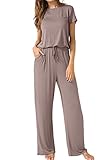 LAINAB Womens Casual Short Sleeve Loose Fit Wide Leg Plain Jumper Romper Khaki S