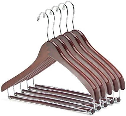Mahogany Wooden Suit/Coat Hanger With Locking Bar | CHROME/BRASS HOOK | Premium Wood With Elegant Finish | Elegant Look For A Real Upscale Closet (SET OF 5) (Chrome Hook)