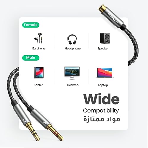 UGREEN 3.5MM Headphone Splitter 3.5mm Female to Dual Headphone and Microphone Male Port Adapter TRRS Y Splitter Compatible for Earphone, Headset, speaker and PC, Laptop and Tablet-0.2M