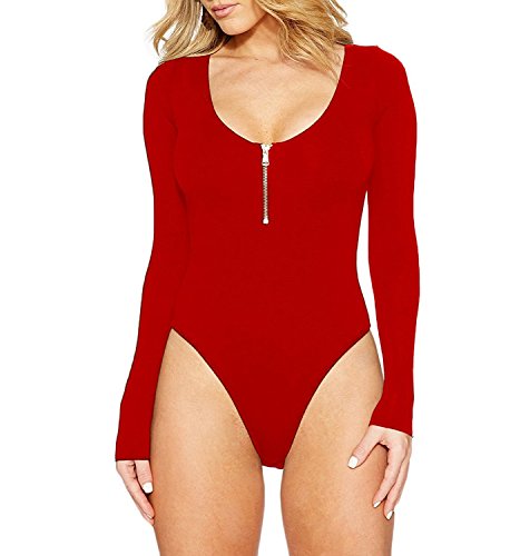 Dellytop Women Sexy Scoop Neck Long Sleeve Zipper Bodysuit Tops Stretchy Romper Jumpsuit Playsuit