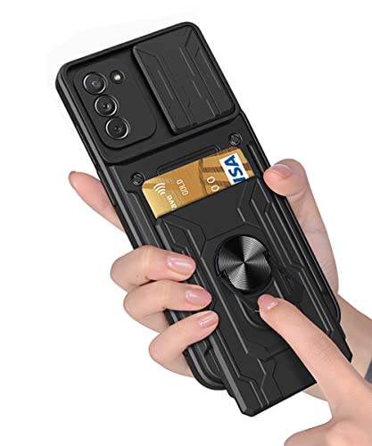 Galaxy S21 FE Case, HAMGEEN for Samsung S21 FE Phone Case Credit Card Holder Wallet Slot Camera Cover Kickstand Ring Stand Shockproof Dual Layer Heavy Duty Protective Cases for Samsung S21 FE Black