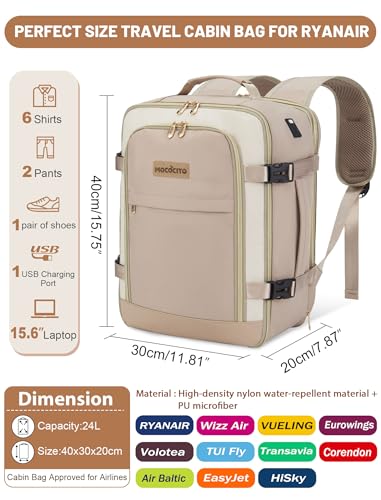 MOCOCITO Airplane Cabin Travel Backpack 40 x 20 x 25, Travel Bag for Ryanair EasyJet Hand Luggage Backpack Travel Backpack Unisex Waterproof 20L, Apricot/Brown, Fashion