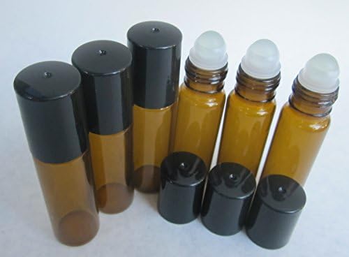 USA 6 - 10 ml Amber Glass Roll On Bottles with Glass Roller Balls - Refillable Aromatherapy Essential Oil Roll On (6)