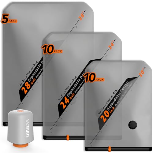 Vacbird 25 x Vacuum Bags for Clothes with Wireless Vacuum Pump, 25 Pieces (10 x 40 x 54 cm, 10 x 47 x 64 cm, 5 x 54 x 74 cm), Space-Saving Clothes Vacuum Bags - Ideal for Travel and Organizing Luggage