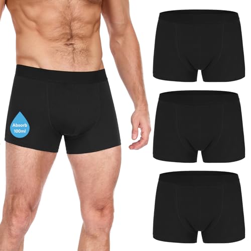 CITURLAN Calzones para Incontinencia para Hombre - Hasta 100ml de Absorción | A prueba de fugas y Neutraliza Olores | Calzones-bóxer Reutilizables y Lavables para Control de la Vejiga | Talla Alta para Uso Nocturno y Activo [Paquete de 3] (Negro, Talla L)