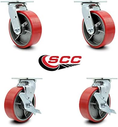 Service Caster 6インチ X 激安セール 2インチ ポリウレタンホイールキャスターセット ブレーキ付き回転2個とスイベル2個 4個セット 800ポンド シルバーに赤 ノンマーキング 合計容量4