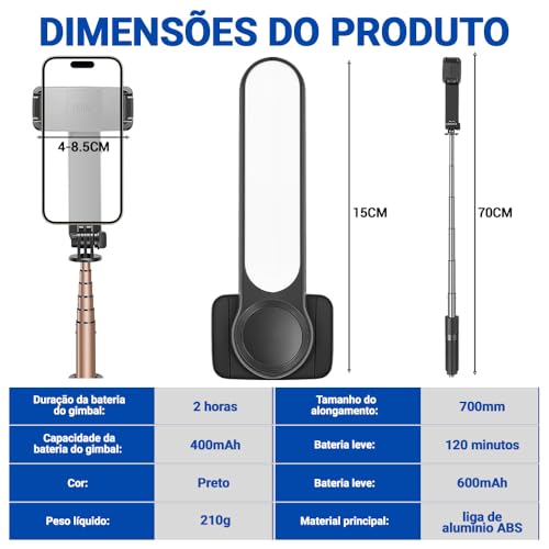 Estabilizador Celular, Estabilizador Portátil de Eixos para Celular, Eixos com Luz de Preenchimento, Tripé, Controle Remoto, Rotação 360° Automática