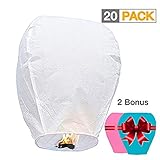 Chinese Lanterns 22-Pack – 100% Biodegradable, Paper Sky Lantern – Japanese Lantern for Weddings, Celebrations, Memorial Ceremonies – White Flying Wish Lanterns, 2 Bonus Colourful Lanterns blue & pink