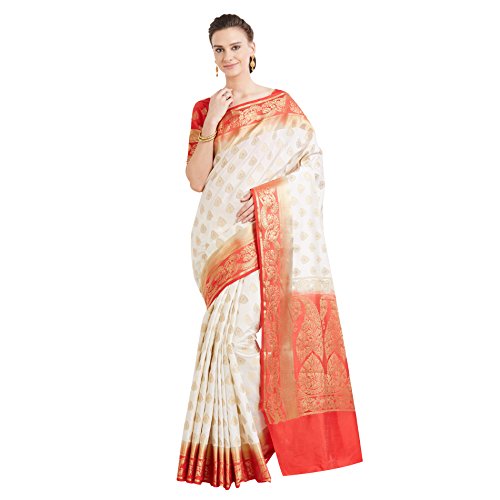 Viva N Diva Sarees For Women's Banarasi Latest Design Cream & Red Colour Banarasi Art Silk (Two Tone Silk) Saree With Un-Stiched Blouse Piece,Free Size