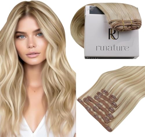 RUNATURE Natural Hair Clip in Extensions 55 cm 7 Pieces 120 g Ash Blonde with Platinum Blonde Natural Hair Clip Extensions #18P60
