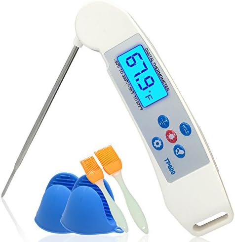 Food Thermometer with Backlight LCD Screen and Long Probe,Digital Instant Read Kitchen Thermograph for Meat Grill BBQ,Cooking,Candy with Silica gel Basting Brushes and Gloves
