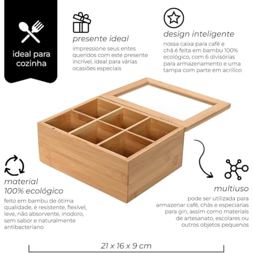 Caixa De Chá e Café Com 6 Divisórias Multiuso - Organização Elegante Para Cozinha ou Escritório Armazenamento De Especíarias e Temperos Bambú Sustentável