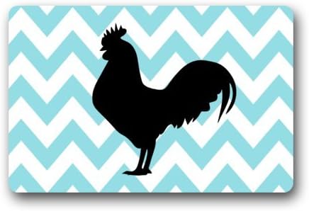 Fashion Decorative Door Mat Rug Black Rooster Art With Blue and White Chevron Pattern Background Indoor/Outdoor/Floor Doormat 23.6"(L) x 15.7"(W)