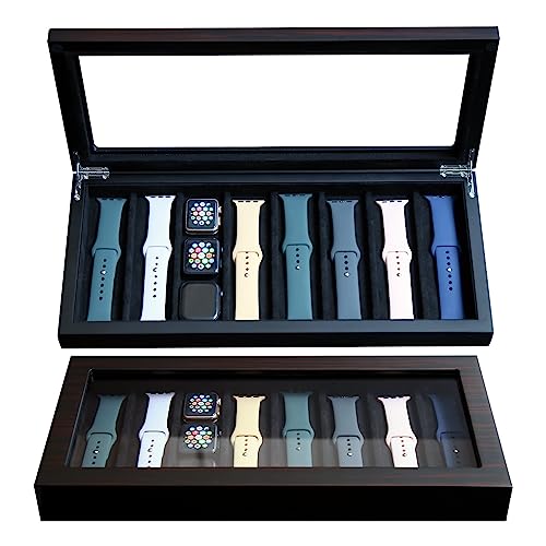 Bonaking Watch Band Holder 8 Watch Strap Watch Band Organizer Case Storage Compatible with Apple Watch Bands and Accessories ，Apple Watch Band Keeper with Real Glass Window (ebony veneer 8 slot)