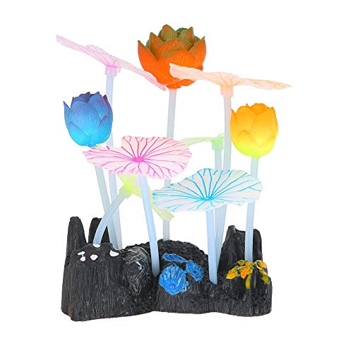 Fdit Glowing Effect Artificial Lotus Leaves Fake Lotus Flower Fluorescent Aquarium Plant Decor Ornament Decoration for Fish Tank Landscape(Leaf+Flower)