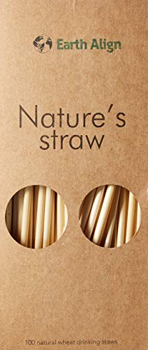 Compostable Drinking Straws - 8.5 Inches Beverage All-Natural Wheat Straws - Biodegradable Non-Polluting Straws - Eco Bulk of 100 Long Straws - Safe & Non-Dye Nature's Straws by Earth Align