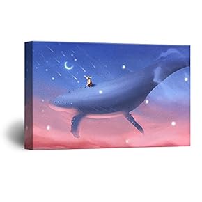 Hand Drawing Style Girl Sitting on Blue Whale at Night