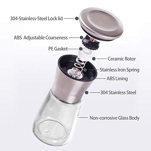 Salt and Pepper Grinder Set,Brinonac Glass Shakers and Adjustable Ceramic Rotor in 2 Stainless Steel Mills Great for Tasty and Healthy Food