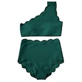 ZAFUL High Waisted Bikini Scalloped Flounced One Shoulder Swimsuit Solid Wavy Edge Swimwear