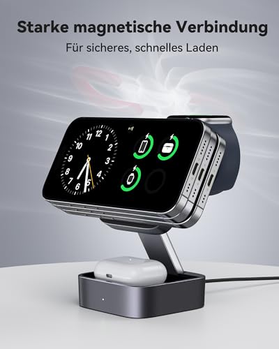 3-in-1 Charging Station for Apple, Magnetic Foldable Wireless Charger with Mag-Safe for iPhone 17e/17/16/15/14/13/12/Air Series, Apple Watch & AirPods Pro/4/3/2 with Quick Adapter