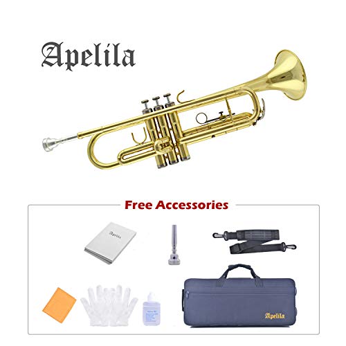 Apelila Gold Trumpet Brass Standard Bb Trumpet-Student Beginner with Hard Case,Gloves,Mouthpiece,Soft Cleaning Cloth,Strap,and Valve Oil