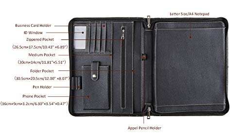 Hifriend Genuine Leather Portfolio for iPad Pro 12.9, Professional Business Organizer Padfolio Case, Letter Size Notepad, with Retractable Handle, Gift for Women & Men (Black, Pro 12.9)