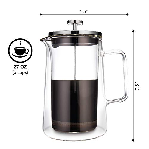 KF1010 French Press Coffee Maker by Kaffe. (27oz / 0.8L) 6-cup Double-Wall Borosilicate Glass